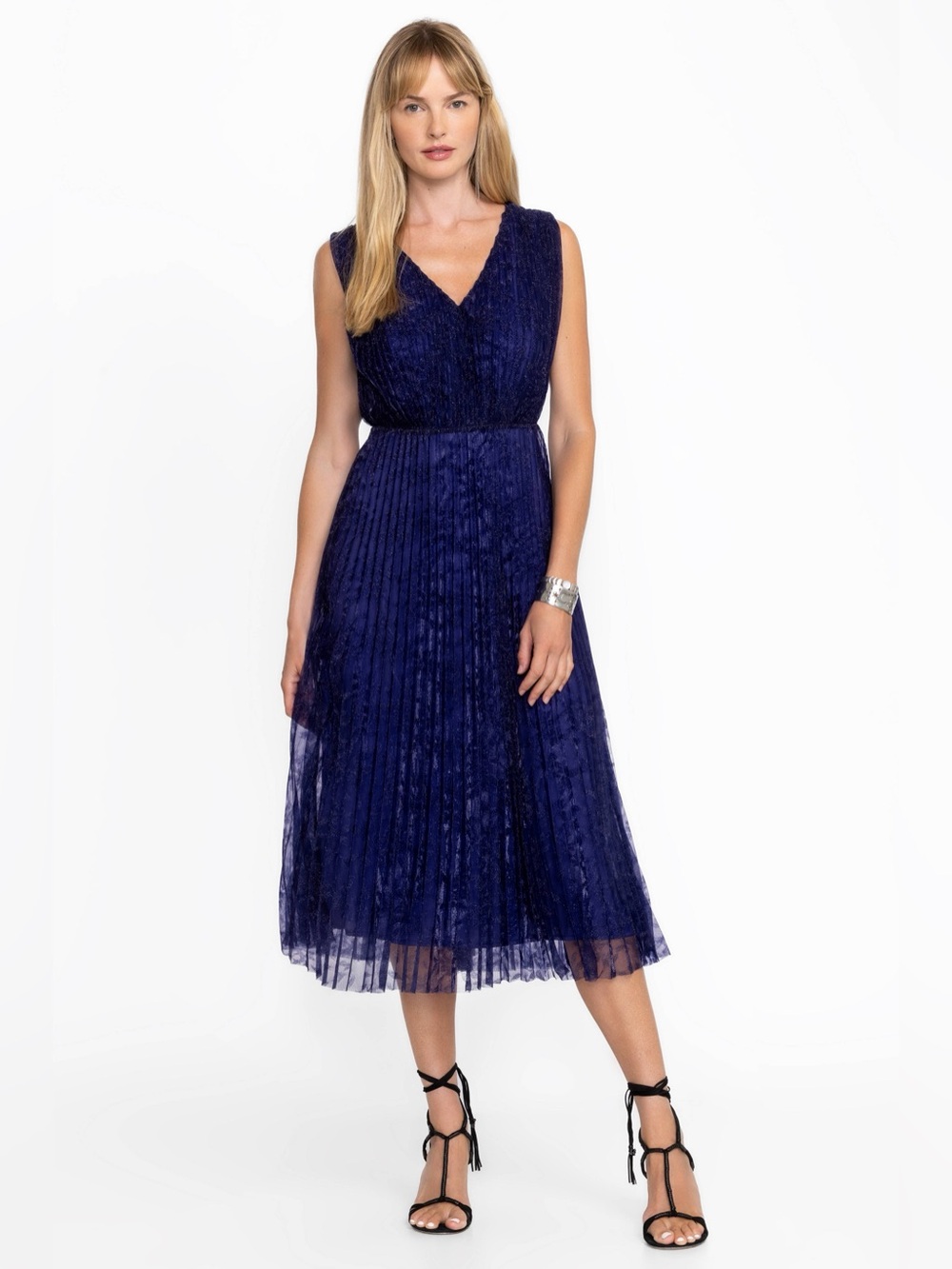 NWT Johnny Was Jade Clario Pleater Midi Dress Blue Size 14 Quiet Luxury Cocktail